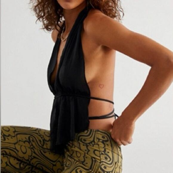 Free People Woven Backless Crop Top Tie Back Black Satin - Picture 1 of 7